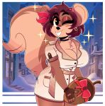  2022 absurd_res accessory acorn anthro big_breasts blush breasts brown_body brown_fur buckteeth butt chest_tuft choker clothed clothing coat detailed_background digital_media_(artwork) ear_piercing ear_ring elbow_tuft eyebrow_through_hair eyebrows eyelashes female fingerless_gloves fluffy fluffy_tail food fruit fur gift_bow gloves hair handwear headband hi_res jewelry looking_at_viewer mammal necklace nut_(fruit) one_eye_closed piercing plant purple_hair ring_piercing rodent sciurid shelly_(wirelessshiba) short_hair smile solo teeth thick_thighs topwear translucent translucent_hair tree_squirrel tuft wireless_shiba 