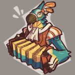  1:1 4_fingers accordion advos ambiguous_gender anthro avian beak bird blue_body blue_feathers breath_of_the_wild clothing digital_media_(artwork) feathers fingers kass_(tloz) looking_back male_(lore) musical_instrument nintendo playing_music rito simple_background smile solo the_legend_of_zelda video_games wings yellow_body yellow_feathers 
