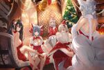  5girls animal_ears azur_lane backless_outfit balloon bare_back bare_shoulders bell black_hair bookshelf breasts brown_eyes chair cheshire_(azur_lane) christmas christmas_tree cleavage commentary covered_mouth crossed_legs dema_hmw dress english_commentary feather_boa fire fireplace fishnet_pantyhose fishnets formidable_(azur_lane) fox_ears fox_tail fur-trimmed_dress fur_trim garter_straps grey_hair hair_bun hat high-waist_skirt high_heels highres indoors legs long_hair looking_at_viewer looking_away multicolored_hair multiple_girls multiple_tails neck_bell object_hug on_chair pantyhose parted_lips pillow pillow_hug rabbit_ears red_dress red_footwear red_skirt santa_dress santa_hat shimakaze_(azur_lane) shinano_(azur_lane) short_eyebrows short_sleeves shrug_(clothing) sideboob single_hair_bun sitting skirt smile sparkle star_(symbol) streaked_hair taihou_(azur_lane) tail thick_eyebrows thighhighs thighs twintails white_garter_straps white_hair white_pantyhose white_thighhighs 