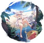  1girl azur_lane bangs bare_shoulders beach breasts day full_body hammann_ii_(another_rebellious_summer)_(azur_lane) highres innertube looking_at_viewer manjuu_(azur_lane) official_art outdoors shadow shiny shiny_hair shiny_skin simple_background solo swimsuit thighs water 