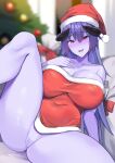  1girl absurdres arunira bare_shoulders black_horns blue_hair blurry blurry_background blush breasts brll censored christmas christmas_tree cleavage colored_skin covered_navel dress fang hat highres horns large_breasts long_hair looking_at_viewer mosaic_censoring open_mouth original pointy_ears purple_skin pussy red_dress red_eyes red_headwear santa_hat sitting skin_fang solo thighs 