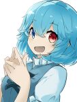  1girl :d blue_eyes blue_hair cross-laced_clothes heterochromia highres looking_at_viewer open_mouth red_eyes short_hair simple_background smile solo tatara_kogasa touhou tyouseki upper_body white_background 