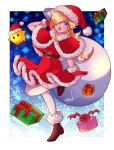  1girl alternate_costume belt blonde_hair blue_eyes box brown_footwear commission dress earrings gift gift_bag gift_box gloves hair_over_one_eye hat highres holding holding_sack jewelry leg_up long_hair luma_(mario) mario_(series) nonoworks red_dress red_gloves rosalina sack santa_costume santa_hat signature snowflakes star_(symbol) star_earrings super_mario_galaxy 
