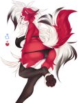  anthro big_breasts breasts clothing female fluffymonsterart generation_7_pokemon genitals legwear looking_at_viewer lycanroc midnight_lycanroc nintendo pokemon pokemon_(species) pussy red_body red_eyes solo translucent translucent_clothing white_body 