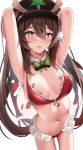  1girl :p antlers armpits arms_up bikini boo_tao_(genshin_impact) bow breasts brown_hair candy candy_cane food frilled_bikini frills fur_collar genshin_impact green_bow hat highres hitodama hu_tao_(genshin_impact) long_hair looking_at_viewer low_twintails navel pom_pom_(clothes) porkpie_hat red_eyes reindeer_antlers santa_bikini skai_kun small_breasts solo stomach striped striped_bow swimsuit symbol-shaped_pupils tongue tongue_out twintails very_long_hair 