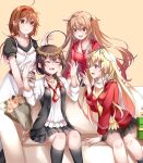  4girls ;d ahoge black_hair black_ribbon black_shirt black_skirt black_socks blonde_hair bouquet braid brown_eyes brown_hair cardigan closed_eyes commentary couch dress hair_flaps hair_ornament hair_over_shoulder hair_ribbon hairband hairclip head_wreath heterochromia kantai_collection light_brown_hair long_hair long_sleeves low_twintails mashiro_aa multiple_girls murasame_(kancolle) murasame_kai_ni_(kancolle) necktie official_alternate_costume one_eye_closed orange_background plaid plaid_skirt puffy_short_sleeves puffy_sleeves red_cardigan red_eyes red_hairband red_necktie red_shirt ribbon scarf shigure_(kancolle) shigure_kai_ni_(kancolle) shiratsuyu_(kancolle) shiratsuyu_kai_ni_(kancolle) shirt short_sleeves simple_background sitting skirt smile socks symbol-only_commentary twintails two_side_up white_dress white_scarf yuudachi_(kancolle) 