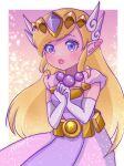  1girl belt blonde_hair dress elbow_gloves eyelashes gloves hair_ornament highres jewelry long_hair necklace nonoworks open_mouth own_hands_together pointy_ears princess_zelda purple_dress purple_eyes signature solo the_legend_of_zelda the_legend_of_zelda:_spirit_tracks tiara white_gloves 