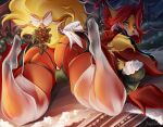  anthro big_breasts blue_eyes bra breasts bunnywhiskerz butt canid canine christmas clothed clothing delphox detailed_background facial_tuft female fur generation_6_pokemon holidays inner_ear_fluff legwear looking_at_viewer looking_back mammal mistletoe multicolored_body nintendo plant pokemon pokemon_(species) red_body red_fur red_inner_ear_fluff solo translucent translucent_clothing translucent_legwear tuft underwear video_games white_body white_clothing white_fur white_legwear yellow_body yellow_fur 
