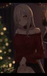  1girl bangs bare_shoulders black_skirt blurry blurry_background blush christmas closed_mouth g36c_(girls&#039;_frontline) girls&#039;_frontline grey_hair hair_over_one_eye highres long_sleeves looking_at_viewer merry_christmas off_shoulder red_eyes selcky skirt smile 