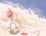  1girl animal basket bird bird_wings blonde_hair chick closed_eyes feathered_wings itomugi-kun lying multicolored_hair niwatari_kutaka on_stomach pillow red_hair short_hair sleeping solo touhou two-tone_hair wings yellow_wings 