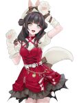  1girl animal animal_hands arms_up black_hair blue_eyes corset gloves green_eyes heart heterochromia horns kano_shirayuki long_hair looking_at_viewer ohisashiburi open_mouth paw_gloves paw_pose project_luminasys red_horns simple_background smile solo torn_clothes white_background 