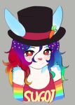  1girl animal_ears black_headwear blush_stickers closed_mouth clothes_writing clown colored_skin cropped_torso ears_through_headwear elbow_gloves furry furry_female gloves gradient_hair grey_background hat looking_at_viewer multicolored_clothes multicolored_gloves multicolored_hair original purple_hair red_shirt shirt simple_background smile solo top_hat upper_body white_skin yoako 