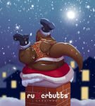  2022 anthro bulge butt christmas clothing costume detailed_background english_text hi_res holidays jockstrap male mammal moon mustelid night otter overweight overweight_male rudderbutts santa_costume skrawl snow snowing solo stuck text underwear 