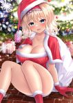  1girl :d alice_margatroid bangs blonde_hair blue_eyes breasts capelet christmas christmas_tree cleavage frilled_hairband frills fur_trim gloves hairband hat highres holding holding_sack knees_up large_breasts lolita_hairband looking_at_viewer open_mouth red_capelet red_footwear red_gloves red_hairband red_headwear reijing_etrn sack santa_costume santa_hat short_hair sitting smile snowflakes solo thighs touhou 