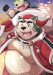  anthro belly canid canine canis christmas christmas_clothing christmas_headwear clothing domestic_dog eyebrows fur green_body green_fur hat headgear headwear hi_res holidays lifewonders live-a-hero male mammal mokdai moobs nazebesu_hobby nipples overweight santa_hat smile solo thick_eyebrows 