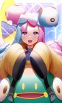  1girl :d bellibolt blue_hair blurry blurry_background blush bow-shaped_hair commentary_request depth_of_field highres iono_(pokemon) jacket lightning long_hair long_sleeves looking_at_viewer mikomiko_(mikomikosu) multicolored_hair pink_hair pokemon pokemon_(creature) pokemon_(game) pokemon_sv purple_eyes sharp_teeth sleeves_past_fingers sleeves_past_wrists smile teeth two-tone_hair very_long_hair yellow_jacket 