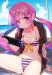  1girl :3 bangs beach bikini blue_hair breasts cleavage closed_mouth day highres hololive looking_at_viewer minato_aqua multicolored_hair nintendo_switch outdoors purple_hair shade short_twintails smile striped striped_bikini swimsuit tousaki_shiina twintails virtual_youtuber wet 