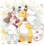  1girl ampharos brown_eyes dress full_body gloves jasmine_(holiday_2022)_(pokemon) jasmine_(pokemon) light_brown_hair looking_at_another mega_ampharos mega_pokemon official_alternate_costume pokemon pokemon_(creature) pokemon_(game) pokemon_masters_ex red_gloves ribbon signature sleeveless sleeveless_dress smile sparkle standing tansho 