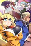  2boys 2girls absurdres ace_attorney arms_under_breasts black_bodysuit black_gloves black_necktie blonde_hair blue_eyes bodysuit bongfill breasts brown_pantyhose character_request cleavage closed_mouth copyright_request crossed_arms dark-skinned_male dark_skin darkness_(konosuba) earrings franziska_von_karma garterbelt_(psg) gloves hair_ornament highres holding holding_whip jewelry kono_subarashii_sekai_ni_shukufuku_wo! large_breasts long_hair long_sleeves looking_away mole mole_under_eye multiple_boys multiple_girls necktie open_mouth panty_&amp;_stocking_with_garterbelt pantyhose ponytail short_hair sweat x_hair_ornament 
