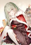  1girl :d bangs black_dress blush box capelet cecilia_(shiro_seijo_to_kuro_bokushi) christmas christmas_lights christmas_ornaments christmas_tree commentary_request dress frilled_dress frills fur-trimmed_capelet fur_trim gift gift_box green_eyes green_hair hair_between_eyes holding holding_gift kazutake_hazano long_hair looking_at_viewer red_capelet santa_costume shiro_seijo_to_kuro_bokushi sitting smile solo star_(symbol) thighhighs white_thighhighs 