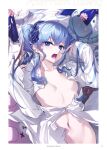  1girl alarm_clock bangs blue_eyes blue_hair blue_ribbon border breasts clock earrings hair_between_eyes hair_ribbon highres hololive hoshimachi_suisei jewelry long_hair long_sleeves looking_at_viewer lying naked_shirt navel on_back open_clothes open_mouth open_shirt ribbon shirt sleeves_past_wrists small_breasts solo star_(symbol) star_in_eye stomach stuffed_animal stuffed_toy symbol_in_eye virtual_youtuber white_shirt yaguo 