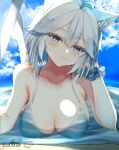  1girl :3 ahoge animal_ear_fluff animal_ears aties20 bangs bare_arms bare_shoulders bikini blue_bikini blue_eyes blue_scrunchie blue_sky blush breasts cleavage closed_mouth cloud cloudy_sky collarbone commentary_request day fang fang_out hair_between_eyes head_tilt horizon large_breasts lying ocean on_stomach outdoors scrunchie sky solo swimsuit vei_(vtuber) virtual_youtuber vshojo water white_hair wrist_scrunchie 