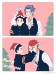  2boys ace_attorney ascot barok_van_zieks black_eyes black_hair black_jacket blue_eyes christmas christmas_tree closed_mouth collared_shirt gloves grey_hair hat highres holding jacket long_sleeves male_focus merry_christmas mowang_crow multiple_boys ryunosuke_naruhodo santa_hat scar scar_on_face school_uniform shirt short_hair smile sweatdrop the_great_ace_attorney trembling upper_body vest white_ascot white_gloves white_shirt 