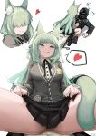  ... 1boy 1girl :q animal_ear_fluff animal_ears arknights bangs black_ribbon black_skirt breasts cat_ears cat_tail closed_mouth collared_shirt doctor_(arknights) gie_(gienara) girl_on_top green_eyes green_hair grey_jacket harmonie_(arknights) heart highres jacket large_breasts long_hair long_sleeves miniskirt multiple_views neck_ribbon pleated_skirt ribbon shirt simple_background skirt spoken_ellipsis spoken_heart spread_legs tail tongue tongue_out very_long_hair white_background white_shirt 