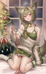  1girl absurdres arknights bare_shoulders beanstalk_(arknights) beanstalk_(gift_uncompleted)_(arknights) bell christmas_tree cropped_sweater dress green_dress green_hairband hair_ornament hairband hairclip highres holding holding_ribbon hyena_ears hyena_girl hyena_tail large_ears metal_crab_(arknights) off-shoulder_sweater off_shoulder official_alternate_costume ribbon sitting star_ornament striped striped_hairband sweater wariza welt_(kinsei_koutenkyoku) white_sweater 