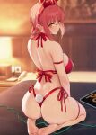  1girl arm_strap ass back bare_shoulders barefoot bed bikini blurry blurry_background bow breasts chainsaw_man closed_mouth fake_tail from_behind full_body hair_bow halterneck highres indoors lamp large_breasts looking_at_viewer looking_back makima_(chainsaw_man) nightstand on_bed orange_eyes pom_pom_(clothes) rabbit_tail red_bow red_hair ringed_eyes santa_bikini seiza side-tie_bikini_bottom sitting solar_(happymonk) solo sweat swimsuit tail thong 