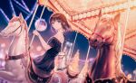  1girl bangs bare_shoulders blue_dress blue_eyes blue_sky blurry blurry_background blurry_foreground brown_hair carousel character_request clear_sky closed_mouth copyright_request depth_of_field dress feet_out_of_frame full_moon highres hiten_(hitenkei) holding horse light looking_away moon night night_sky off-shoulder_dress off_shoulder outdoors short_hair sidelocks sitting sky smile solo watch wristwatch 