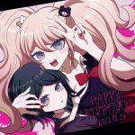  2girls bangs bear_hair_ornament black_hair blonde_hair blue_eyes bow breasts cleavage collarbone commentary_request danganronpa:_trigger_happy_havoc danganronpa_(series) dated enoshima_junko freckles hair_ornament happy_birthday ikusaba_mukuro large_breasts long_hair looking_at_viewer mikao_(eanv5385) multiple_girls nail_polish necktie red_bow red_nails school_uniform shirt short_hair siblings sisters skirt smile twintails 