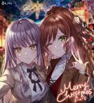  2girls ;3 bang_dream! bangs black_ribbon blurry blurry_background breasts brown_hair brown_jacket buttons christmas closed_mouth collared_shirt commentary cross-laced_clothes earrings fingernails fur-trimmed_jacket fur_trim green_eyes grey_hair grey_jacket half_updo hand_up heads_together highres imai_lisa jacket jewelry lens_flare light_particles long_hair long_sleeves looking_at_viewer medium_breasts merry_christmas minato_yukina multiple_girls neck_ribbon night one_eye_closed open_clothes open_jacket outdoors parted_lips reaching_towards_viewer ribbon rity selfie shirt side-by-side sidelocks smile sweater swept_bangs turtleneck turtleneck_sweater twitter_username upper_body w wavy_hair white_shirt white_sweater yellow_eyes 