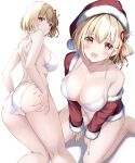  1girl :d alternate_costume ass bangs bikini blonde_hair blush breasts cleavage collarbone fur-trimmed_headwear fur-trimmed_sleeves fur_trim hair_ribbon hat highres jacket long_sleeves looking_at_viewer lycoris_recoil multiple_views nishikigi_chisato off_shoulder open_clothes open_jacket open_mouth pom_pom_(clothes) red_eyes red_headwear red_jacket red_ribbon ribbon santa_hat short_hair side-tie_bikini_bottom sitting smile standing swimsuit wariza white_background white_bikini yuuzuka_kei 