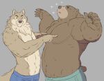  2022 anthro bear brown_body brown_fur canid canine duo eyes_closed fur gadoran hi_res humanoid_hands kemono male mammal simple_background slightly_chubby 