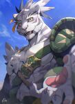  1boy abs animal_ears animal_hands animal_nose armor artist_name blue_sky blurry blurry_foreground blush body_fur claws cloud colored_sclera commentary day fangs furry furry_male grey_fur grey_hair hair_ribbon hand_up happy highres light_blush looking_at_viewer male_focus multicolored_fur multicolored_hair muscular muscular_male navel nimbus_(world_flipper) open_mouth orange_ribbon outdoors pawpads pectorals ponzu_tas reaching_towards_viewer ribbon rope scar scar_on_chest sharp_teeth short_hair shoulder_armor signature single_shoulder_pad sky smile solo standing stomach striped_fur teeth tiger_boy tiger_ears topknot two-tone_hair upper_body whiskers white_fur world_flipper yellow_eyes yellow_sclera 