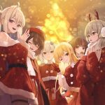  6+girls :3 ^_^ alternate_hair_color animal_ears bangs beret blonde_hair blue_eyes blurry blurry_background blush bow brown_hair capelet christmas christmas_tree closed_eyes closed_mouth cowboy_shot cross_hair_ornament deer_ears dress eating fake_animal_ears food_in_mouth furrowed_brow gift gloves gnns gosegu green_eyes hair_bow hair_intakes hair_ornament hand_up hands_on_own_chest hat highres holding holding_gift ine_(vtuber) jingburger jururu light lilpa long_hair long_sleeves multiple_girls night open_mouth outdoors own_hands_together purple_eyes red_bow red_capelet red_dress red_eyes red_gloves red_headwear red_sweater scarf shiny shiny_hair sidelocks smile snowing standing sweater swept_bangs teeth thighlet upper_teeth_only v viichan waktaverse waving white_scarf 