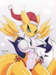  absurd_res anthro arskatheman bandai_namco big_breasts bikini black_sclera breasts canid canine clothed clothing digimon digimon_(species) female fur hi_res mammal renamon simple_background solo swimwear white_background white_body white_fur yellow_body 