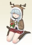  1girl animal_costume antlers blush box braid brown_socks full_body gift gift_box grey_hair hamanami_(kancolle) highres holding holding_gift kantai_collection kneehighs long_hair open_mouth orange_eyes pleated_skirt porupurucha red_skirt reindeer_antlers reindeer_costume single_braid sitting skirt socks solo wariza 