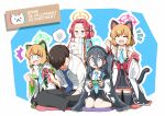  1boy 4girls animal_ear_headphones animal_ears aris_(blue_archive) bangs black_hair black_hairband blonde_hair blue_archive blue_eyes blush bow cat_ear_headphones cat_ears closed_eyes fake_animal_ears green_eyes hair_between_eyes hair_bow hairband halo hariyaa headphones highres indian_style jacket long_hair long_sleeves looking_at_viewer midori_(blue_archive) momoi_(blue_archive) multiple_girls necktie one_side_up open_mouth orange_hair school_uniform seiza sensei_(blue_archive) shirt short_hair siblings simple_background sisters sitting skirt smile speech_bubble spoken_squiggle squiggle tail thighhighs twins very_long_hair white_shirt yuzu_(blue_archive) 