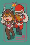  2boys ace_attorney ace_attorney_investigations animal_costume animal_ears animal_hood antlers beard boots brown_eyes brown_hair chibi christmas crying deer_ears facial_hair fake_antlers glasses gloves hat hood ichiyanagi_bansai ichiyanagi_yumihiko long_sleeves male_focus merry_christmas multiple_boys oekakisagi open_mouth pants pointing red_nose reindeer_antlers reindeer_costume reindeer_hood sack santa_boots santa_costume santa_hat smile walking white_gloves 