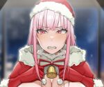  1girl angry bangs bell blurry blurry_background breasts capelet christmas cleavage clenched_teeth cropped frown fur_capelet fur_gloves gloves handplug hat hololive hololive_english huge_breasts long_hair looking_to_the_side mixed-language_commentary mori_calliope neck_bell pink_eyes pink_hair pom_pom_(clothes) red_capelet red_gloves red_headwear red_ribbon ribbon santa_hat snowing solo teeth virtual_youtuber 