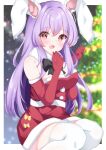  1girl animal_ears black_bow black_bowtie bow bowtie breasts christmas_tree elbow_gloves fur_trim gloves highres large_breasts light_particles long_hair looking_at_viewer open_mouth outdoors purple_hair rabbit_ears rabbit_girl red_eyes red_gloves reisen_udongein_inaba santa_costume shirotsuki_shirone solo thighhighs touhou white_thighhighs yellow_bow 