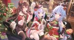  3girls blue_hair boo_tao_(genshin_impact) brown_hair christmas ganyu_(genshin_impact) highres hu_tao_(genshin_impact) miaogujun multiple_girls purple_hair qiqi_(genshin_impact) tagme 