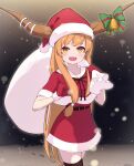  1girl absurdres bell belt black_belt black_thighhighs blush capelet cowboy_shot fang gloves hat highres holding holding_sack horns ibuki_suika long_hair oeyama oni_horns open_mouth orange_eyes orange_hair pom_pom_(clothes) red_capelet red_gloves red_headwear sack santa_gloves santa_hat solo thighhighs touhou 