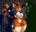  anthro blue_eyes breasts canid canine canis domestic_dog dragon felid feline female flushed genitals green_eyes group hi_res holding_breast machine mammal nipples orange_body pink_eyes pussy robot thick_thighs trio z_dragon 