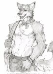  2022 akatan_art anthro arm_tuft bag bottomwear canid cheek_tuft chest_tuft clothed clothing dated elbow_tuft facial_tuft fangs glistening glistening_eyes greyscale hi_res looking_at_viewer male mammal monochrome navel neck_tuft neckerchief open_mouth open_smile pants portrait shoulder_tuft signature simple_background smile solo teeth three-quarter_portrait topless tuft whiskers 