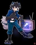  2019 anthro belt belt_buckle black_background black_belt black_body black_hair black_inner_ear black_nose black_paws blue_bottomwear blue_clothing blue_ears blue_eyes blue_jacket blue_mouth blue_pants blue_pawpads blue_topwear bottomwear canid canine canis cheek_tuft claws clothed clothing datkitsu eyebrow_through_hair eyebrows facial_tuft fangs fluffy fluffy_arms fluffy_chest fluffy_legs fluffy_tail growth hair hi_res human inner_ear_fluff jacket male mammal mid_transformation moon neck_tuft on_one_leg open_mouth pale_skin pants pawpads shirt simple_background smile solo species_transformation standing tail_growth teeth television topwear torn_clothing transformation translucent translucent_hair tuft were werecanid werecanine werewolf whiskers white_clothing white_ears white_face white_inner_ear_fluff white_shirt white_tail white_topwear wolf 