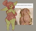  big_breasts big_butt big_ears black_eyes breasts brown_clothing brown_hair brown_leotard butt clothing doodlegoob female goblin green_body green_skin grey_background hair hi_res huge_breasts huge_butt humanoid humanoid_pointy_ears leotard looking_at_viewer looking_back looking_back_at_viewer meme rear_view short_stack simple_background solo text wide_hips yellow_sclera 