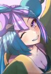  1girl black_bra blue_hair blush bow-shaped_hair bra breasts character_hair_ornament cleavage from_above hair_ornament halya_meri iono_(pokemon) jacket long_hair looking_at_viewer low-tied_long_hair multicolored_hair one_eye_closed oversized_clothes pink_eyes pink_hair pokemon pokemon_(game) pokemon_sv ringed_eyes sharp_teeth simple_background sleeves_past_fingers sleeves_past_wrists smile solo split-color_hair teeth two-tone_hair underwear upper_body very_long_sleeves white_background yellow_jacket 